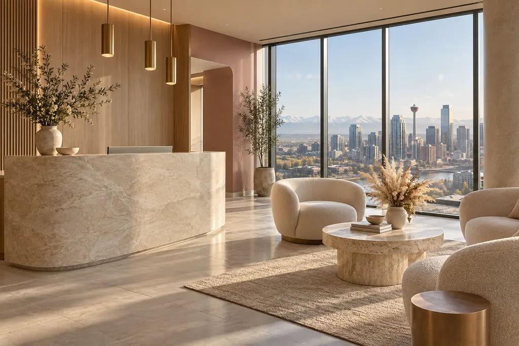 Calm, light-filled clinic reception overlooking the Calgary skyline