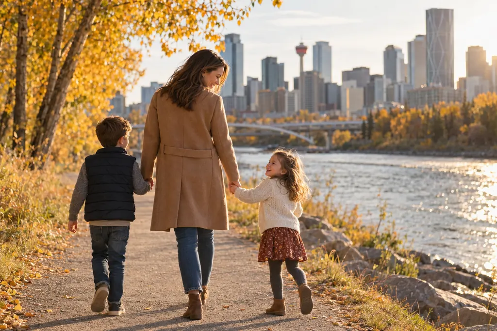 Mother walking with her children along the Bow River pathway in Calgary