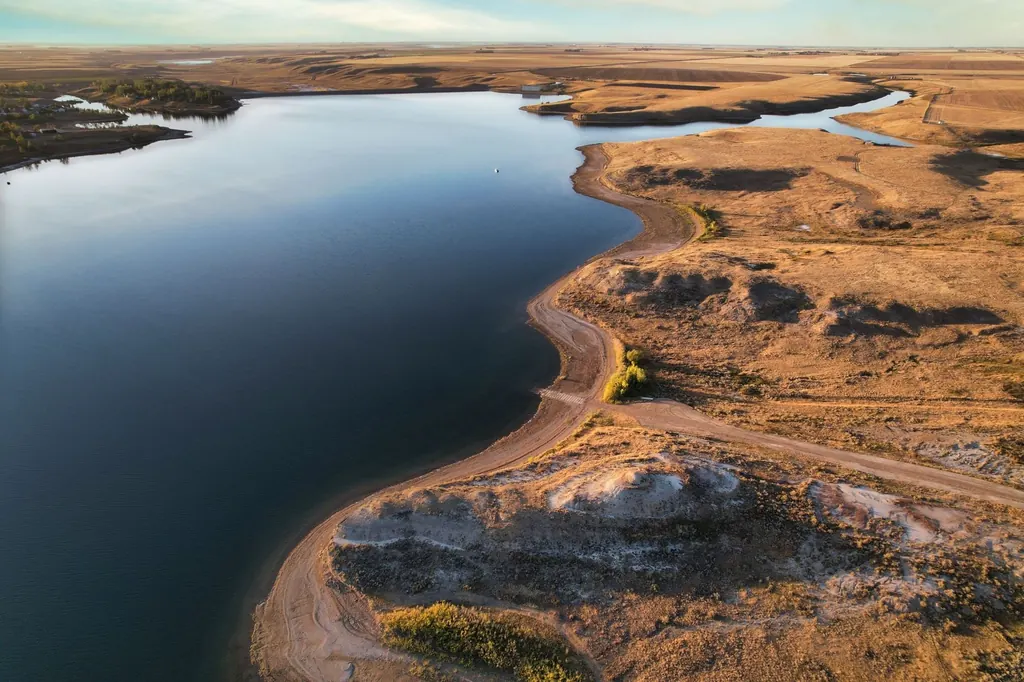 Aerial view of lake and open prairie east of Calgary near Chestermere