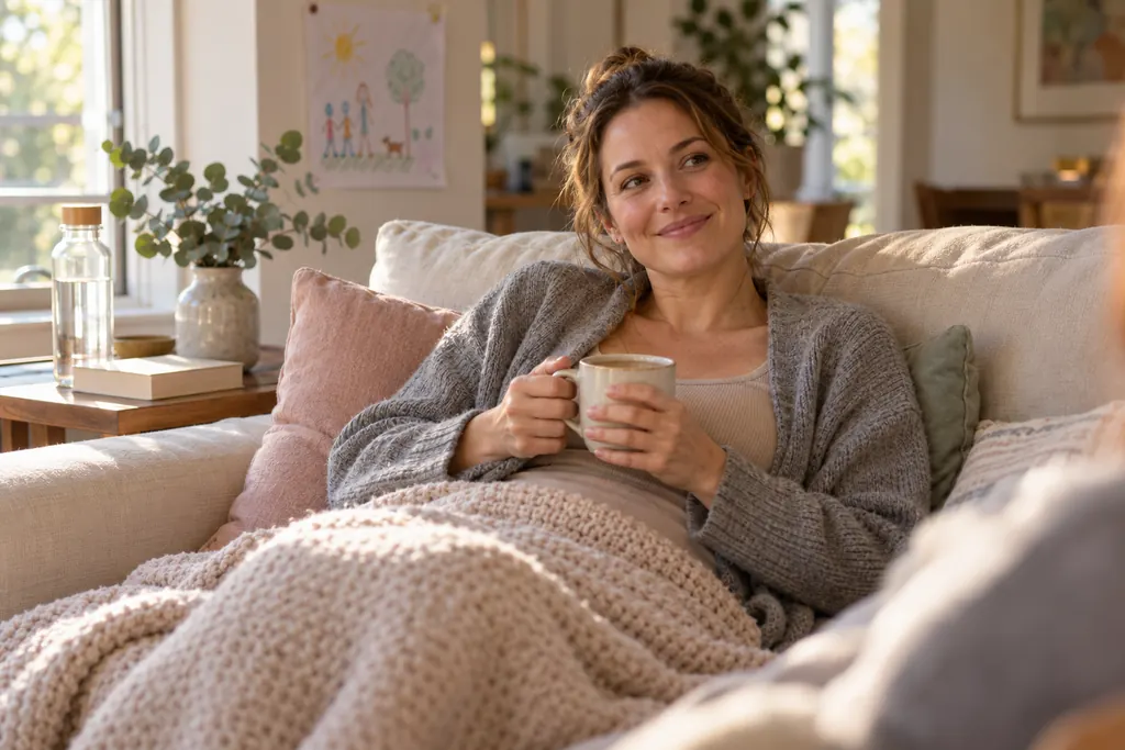 Woman resting comfortably at home during the first weeks of recovery